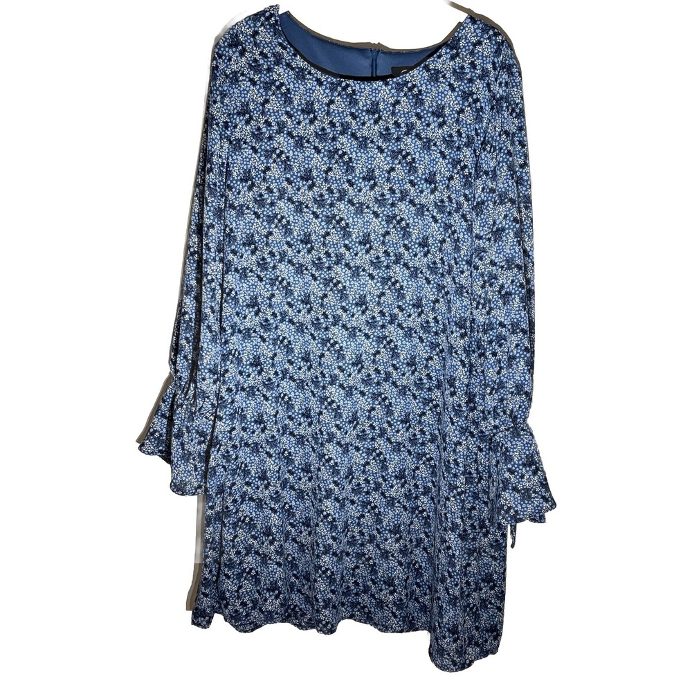 Bobeau Blue‎ Floral Scoop Neckline Dress Size XL Fancy Cuffed Sleeves With Ties